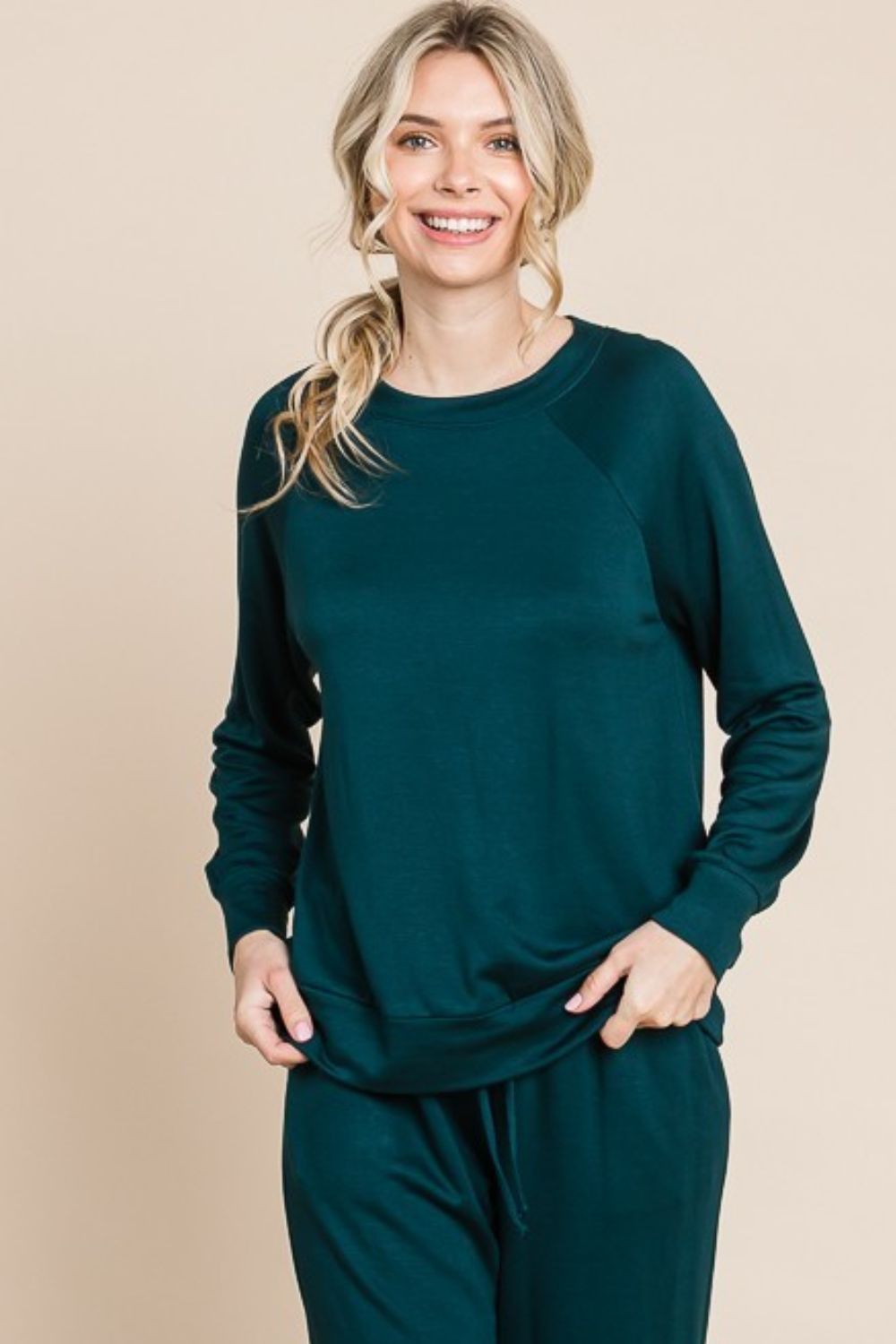 Sansplay Luxe Two-Piece Round Neck Raglan Sleeve Top and Drawstring Pants Lounge Set
