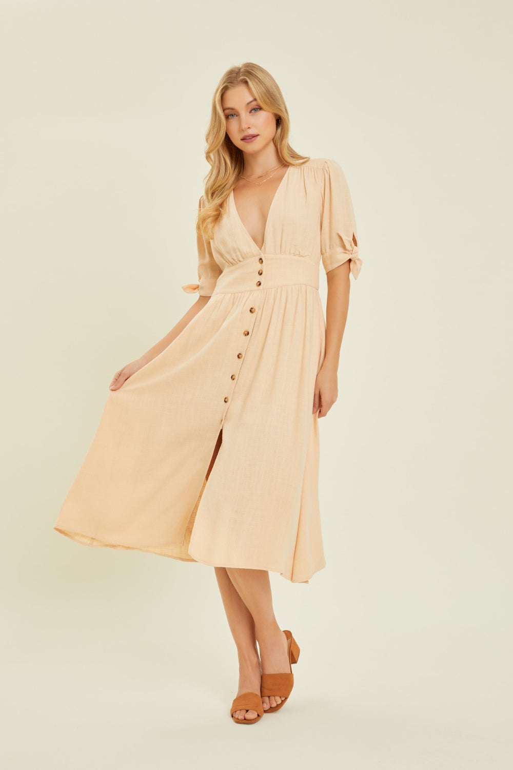 Serene Full Size Textured Linen V-Neck Button-Down Midi Dress