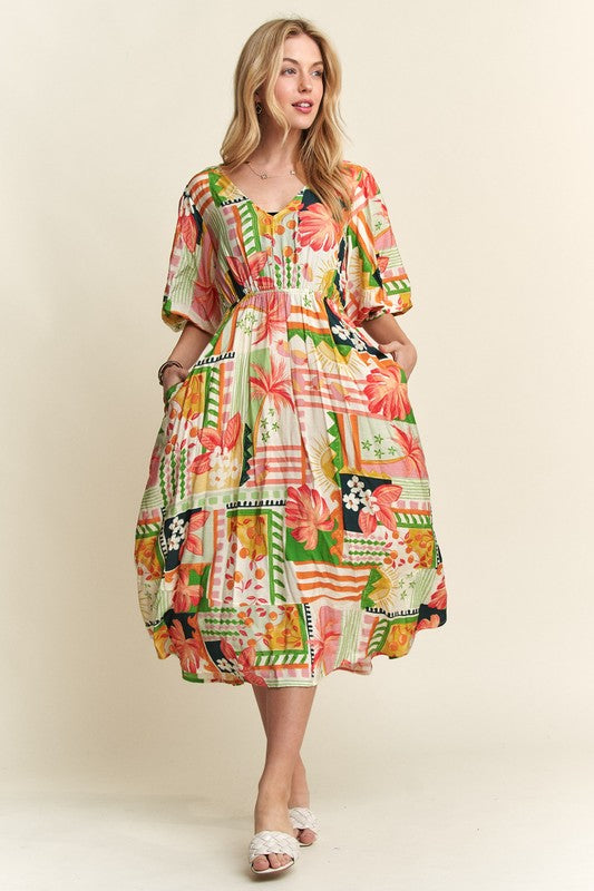 Enchanted Eve Floral V-Neck Puff Sleeve Midi Dress
