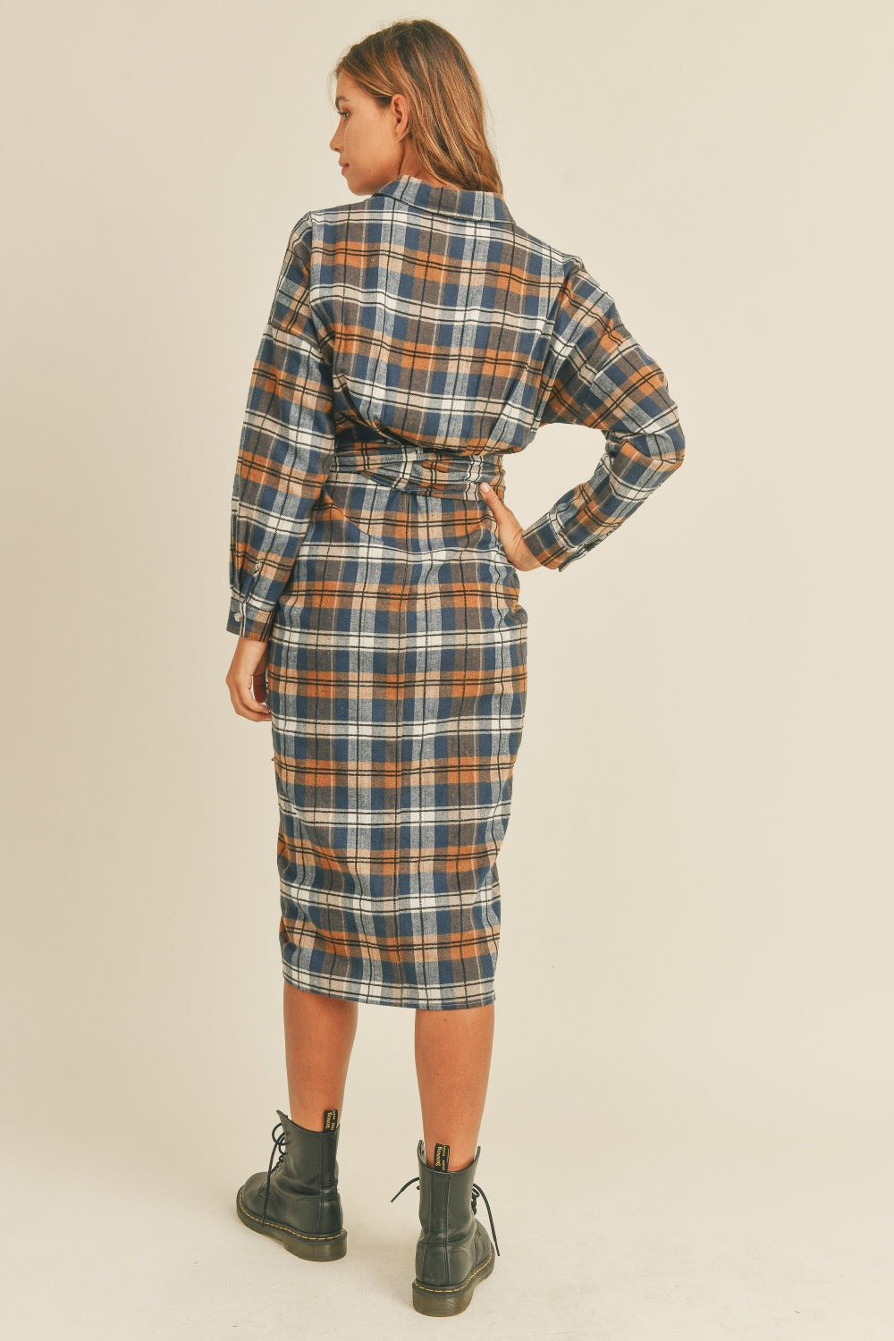 Sans Plaid Flannel Front Tie Button Down Shirt Dress