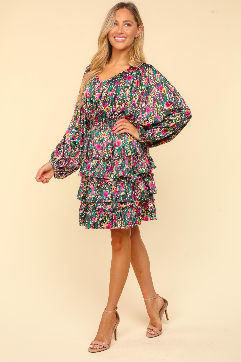 Sansplay Juliette Rhapsody V-Neck Satin Floral Layered Dress