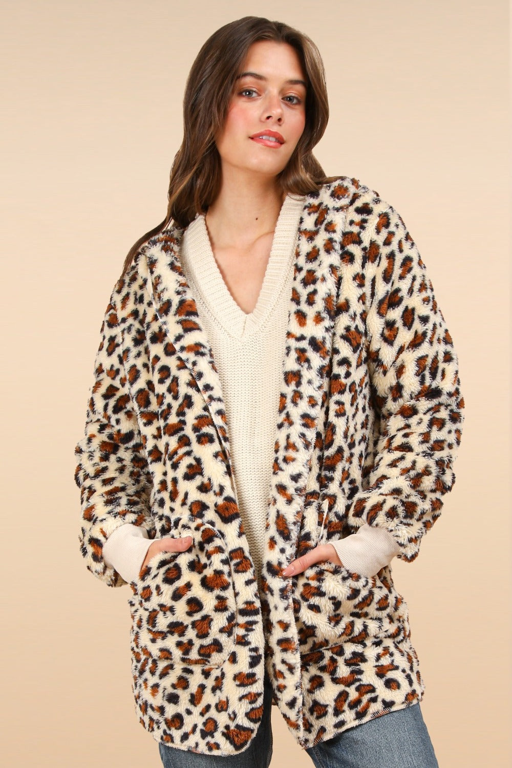 Defiant Fuzzy Leopard Long Sleeve Hooded Jacket