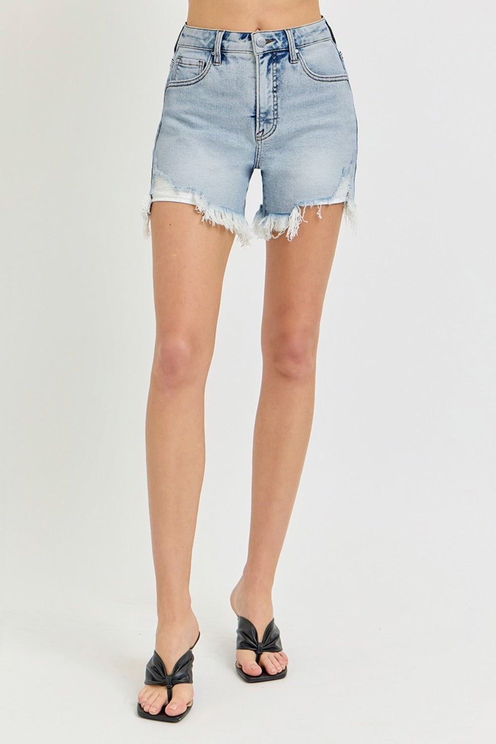 Rise Side Step Hem Denim Shorts