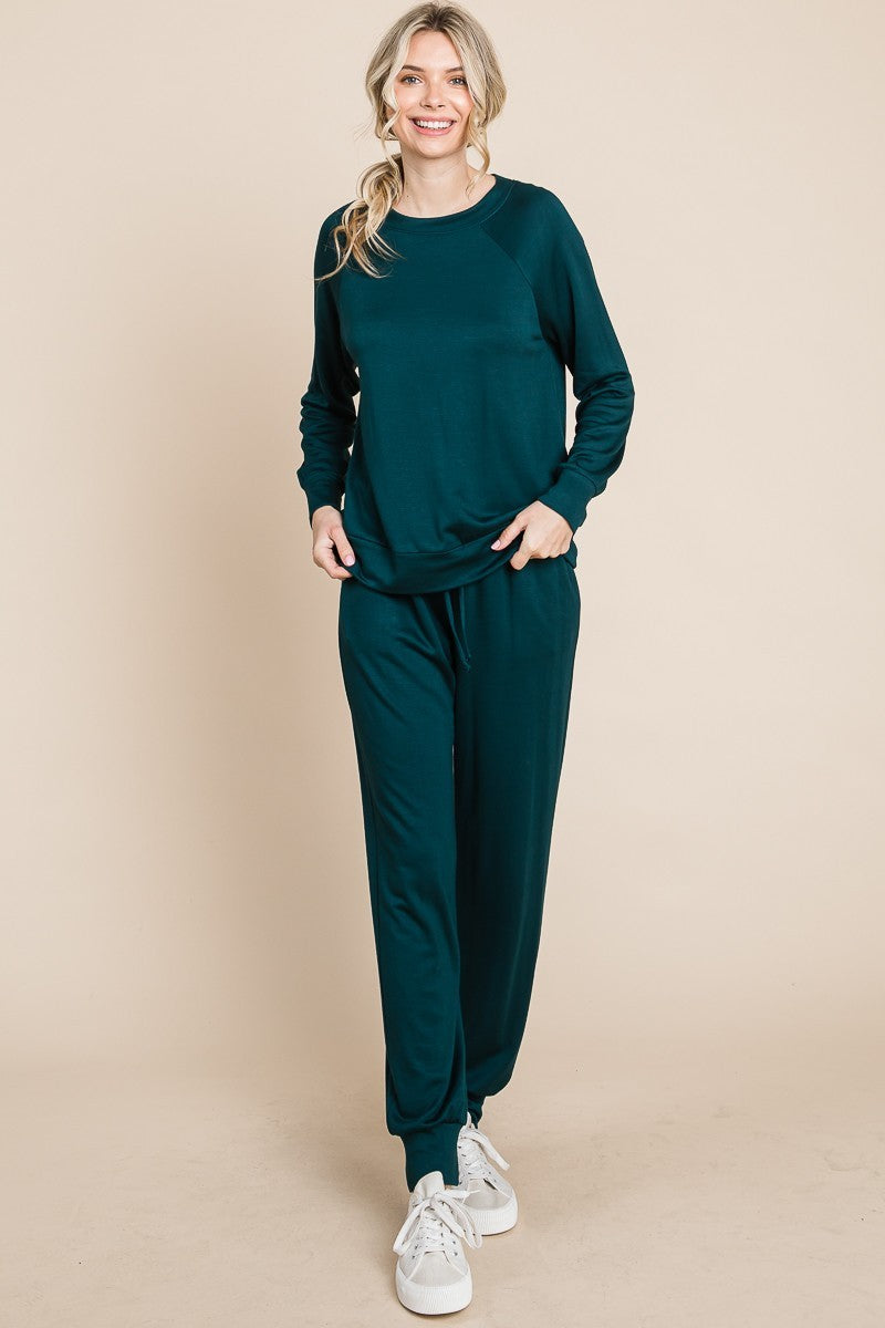 Sansplay Luxe Two-Piece Round Neck Raglan Sleeve Top and Drawstring Pants Lounge Set