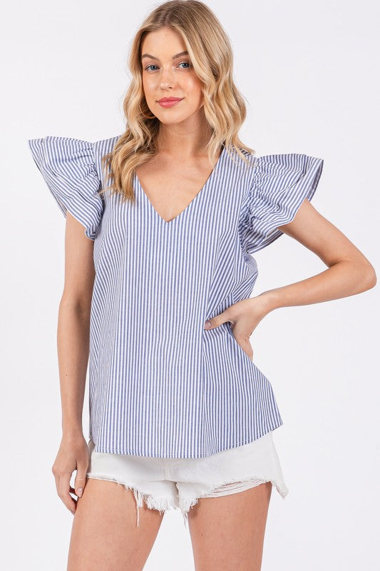 Twirl & Twirl Striped V-Neck Ruffled Cap Sleeve Blouse