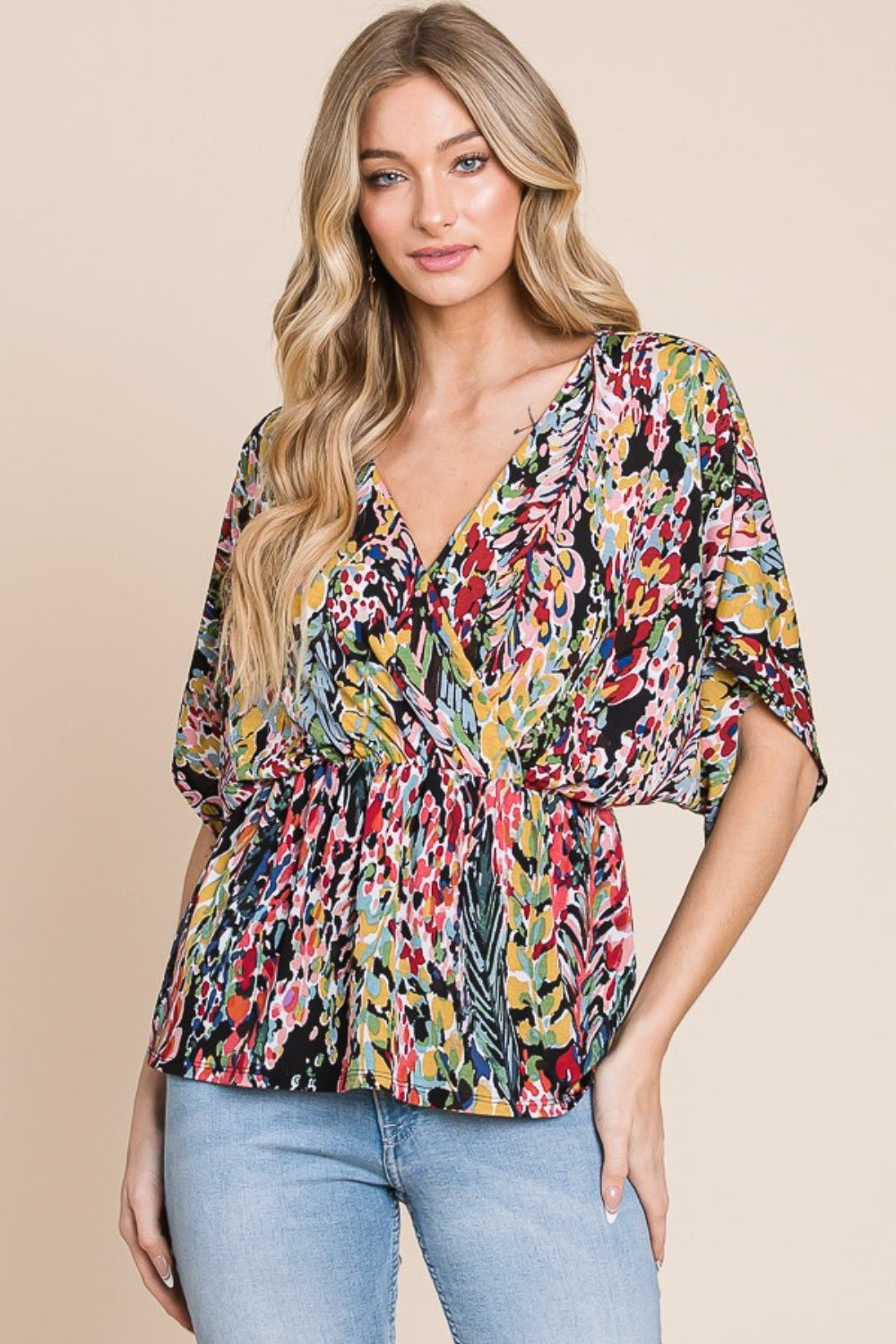 Sans Printed Surplice Peplum Blouse