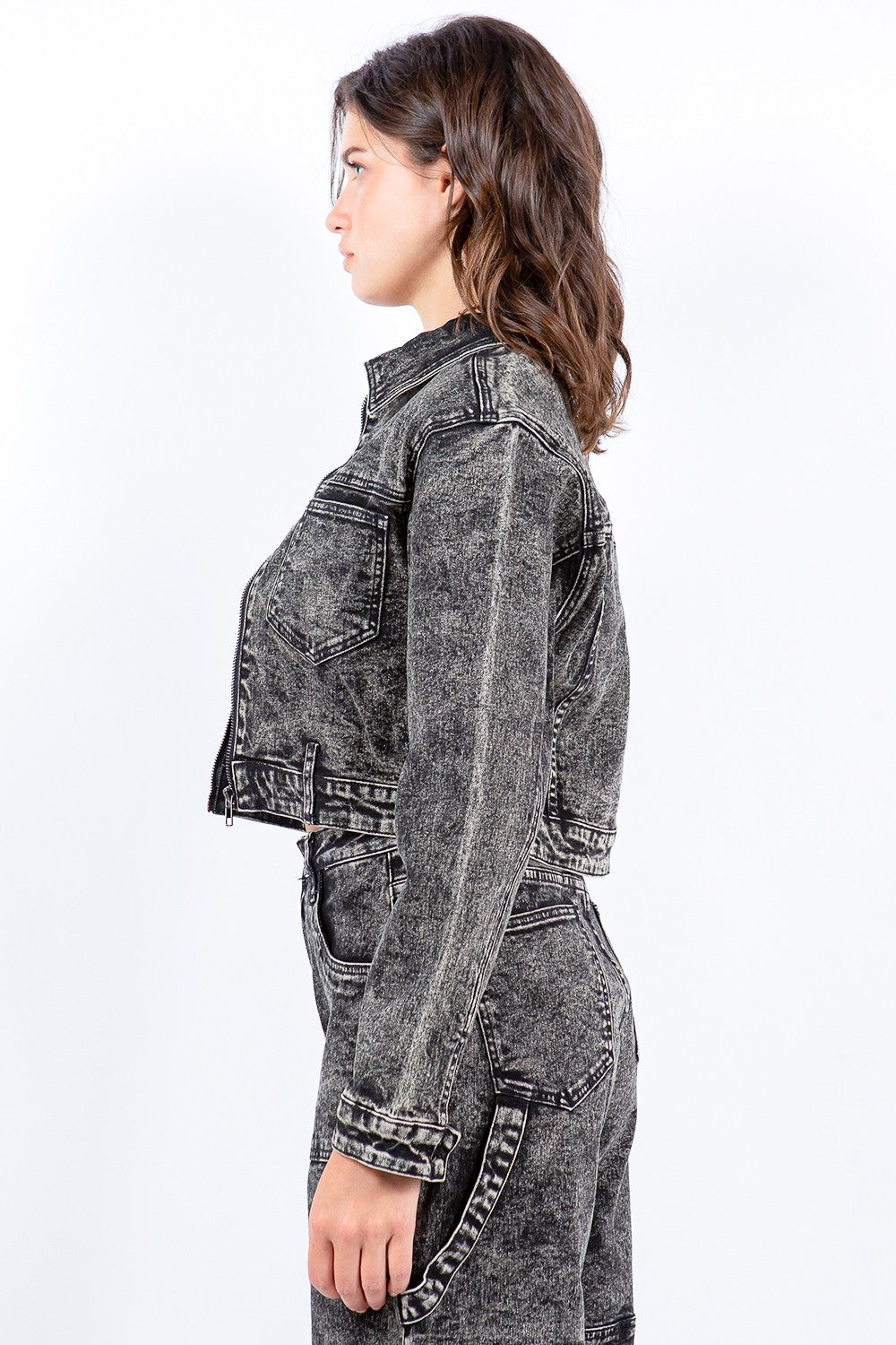 Sansplay Overdyed Bleached Zip Up Cropped Jacket