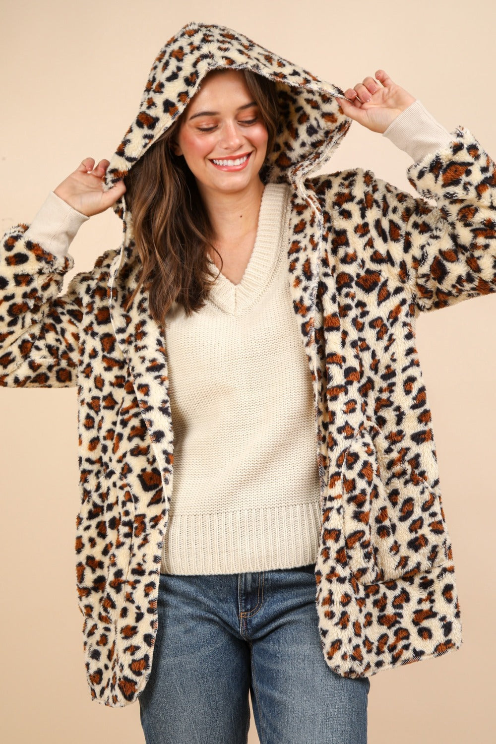 Defiant Fuzzy Leopard Long Sleeve Hooded Jacket