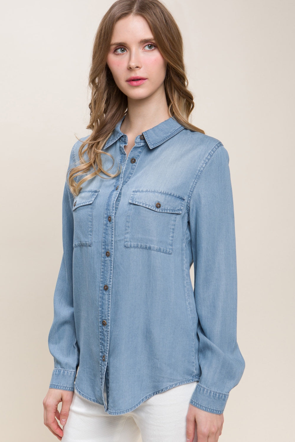 Hemp Harmony Scooped Hem Button Up Denim Shirt