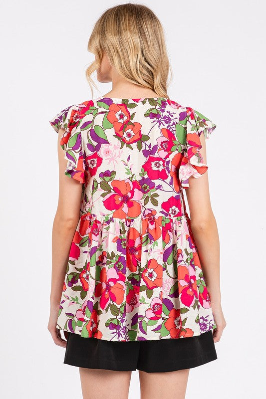 Urban Romance Floral V-Neck Ruffled Cap Sleeve Blouse