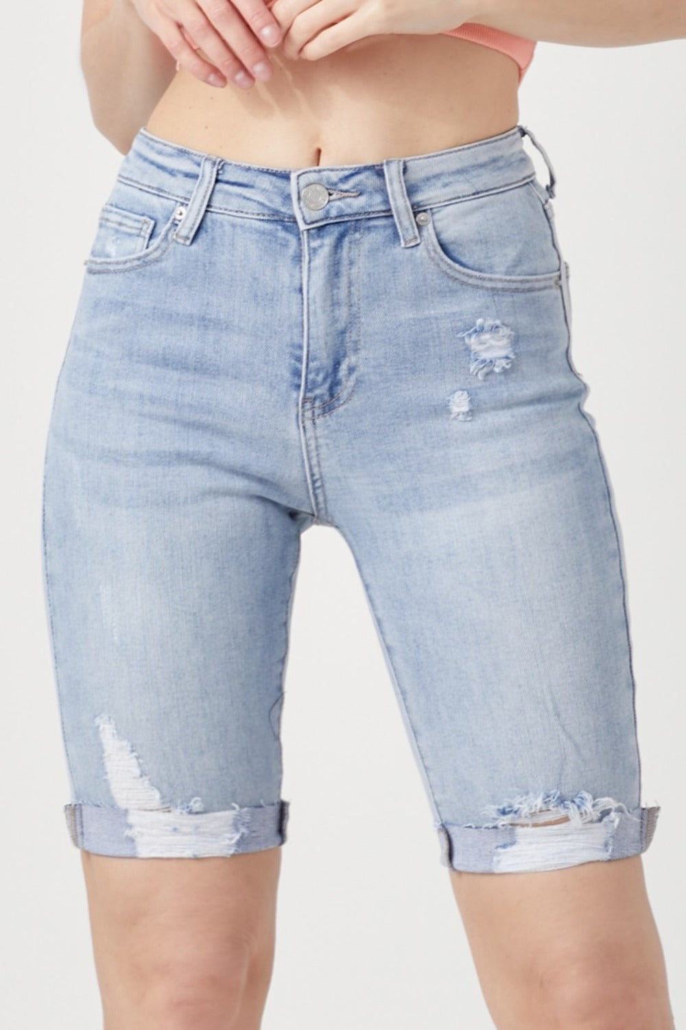 Sapphire Bloom Distressed Denim Bermuda Shorts