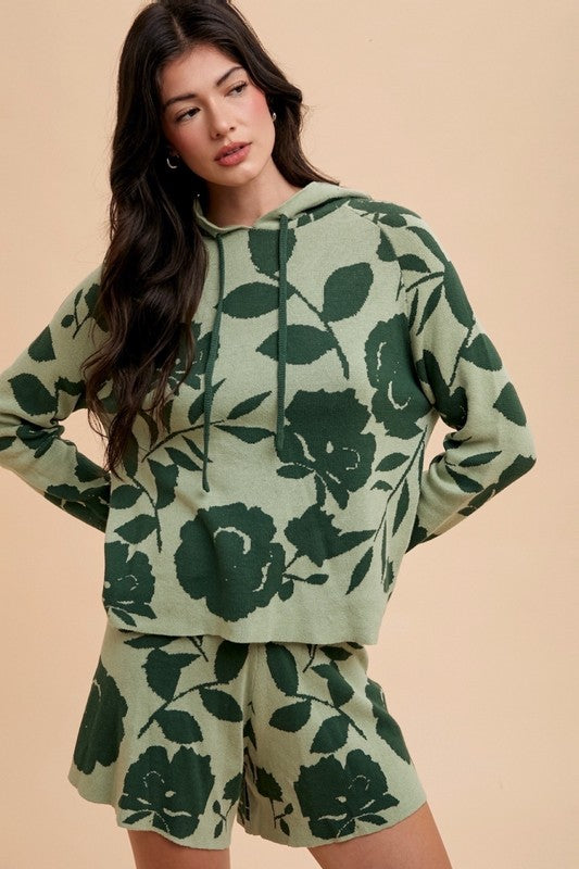 Sansplay Luxe Two-Piece Flower Pattern Drawstring Hooded Top and Shorts Sweater Set