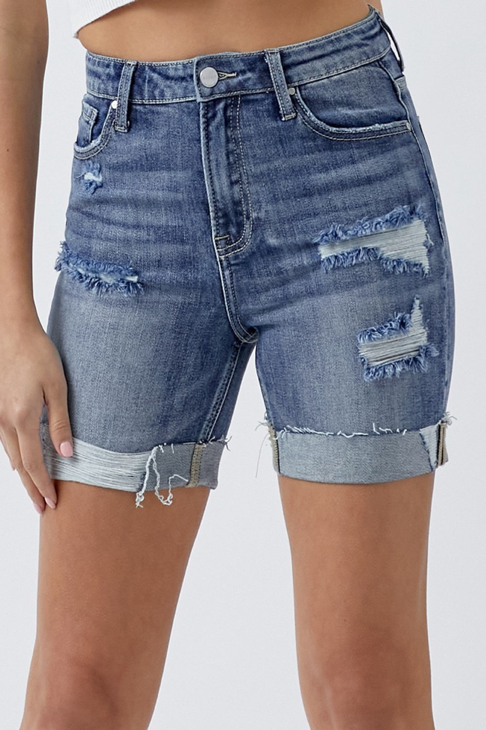 Sapphire Bloom Distressed Rolled Denim Shorts with Pockets