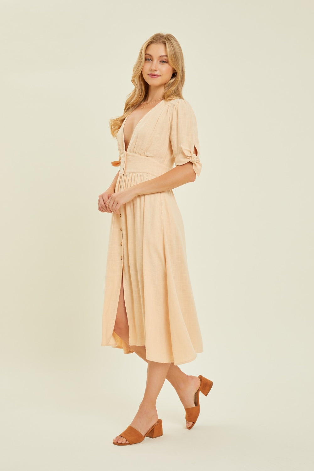 Serene Full Size Textured Linen V-Neck Button-Down Midi Dress