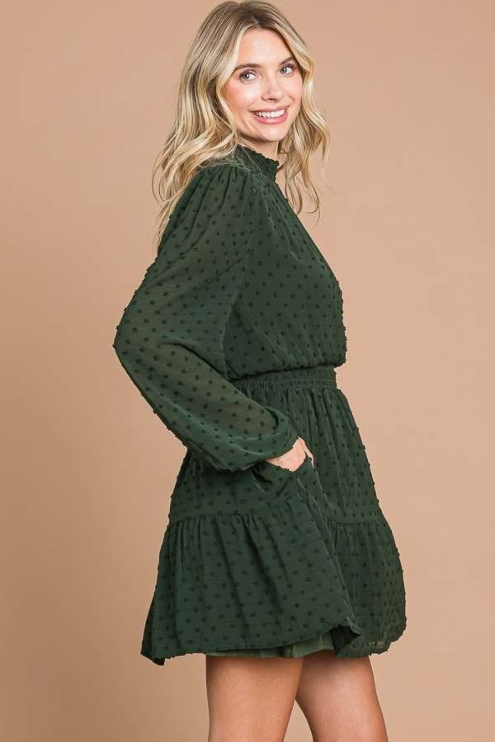 Dot Smock Neck Mini Dress with Pockets