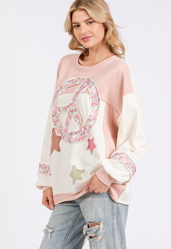The Embrace Peace & Star Patch Contrast Round Neck Sweatshirt