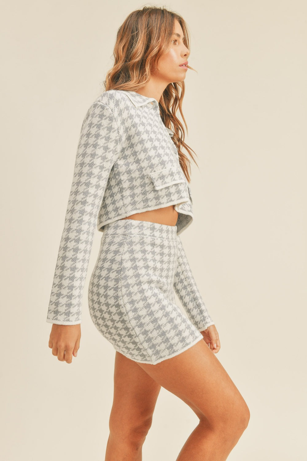Hand Crafted Houndstooth Cropped Knit Cardigan and Mini Skirt Set