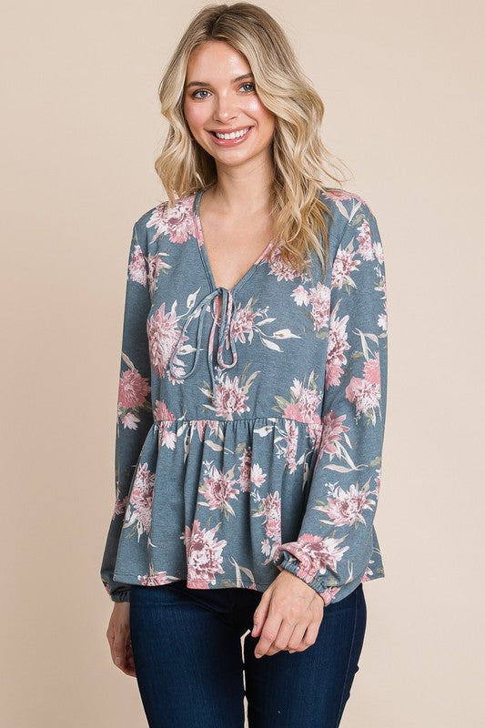 SANSPLAY Babydoll Floral Long Sleeve Blouse