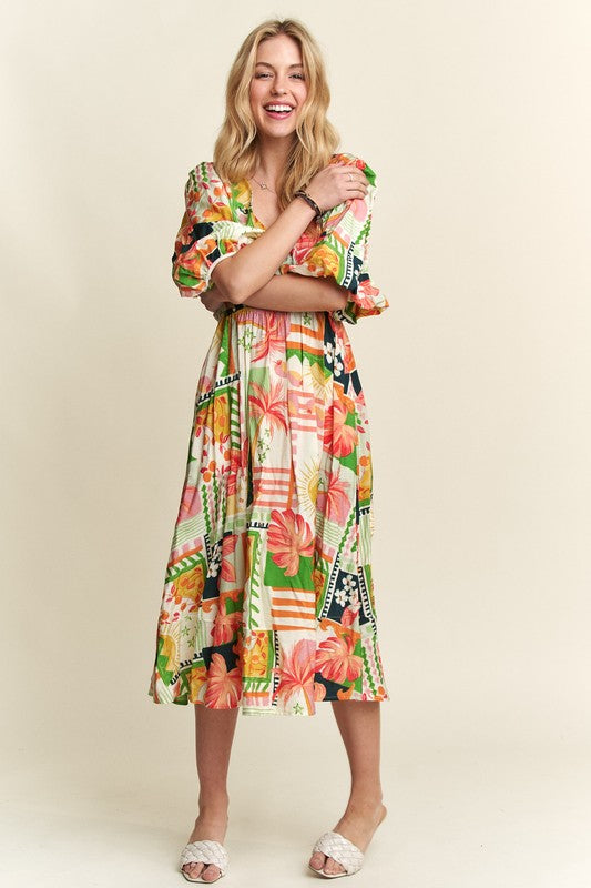 Enchanted Eve Floral V-Neck Puff Sleeve Midi Dress