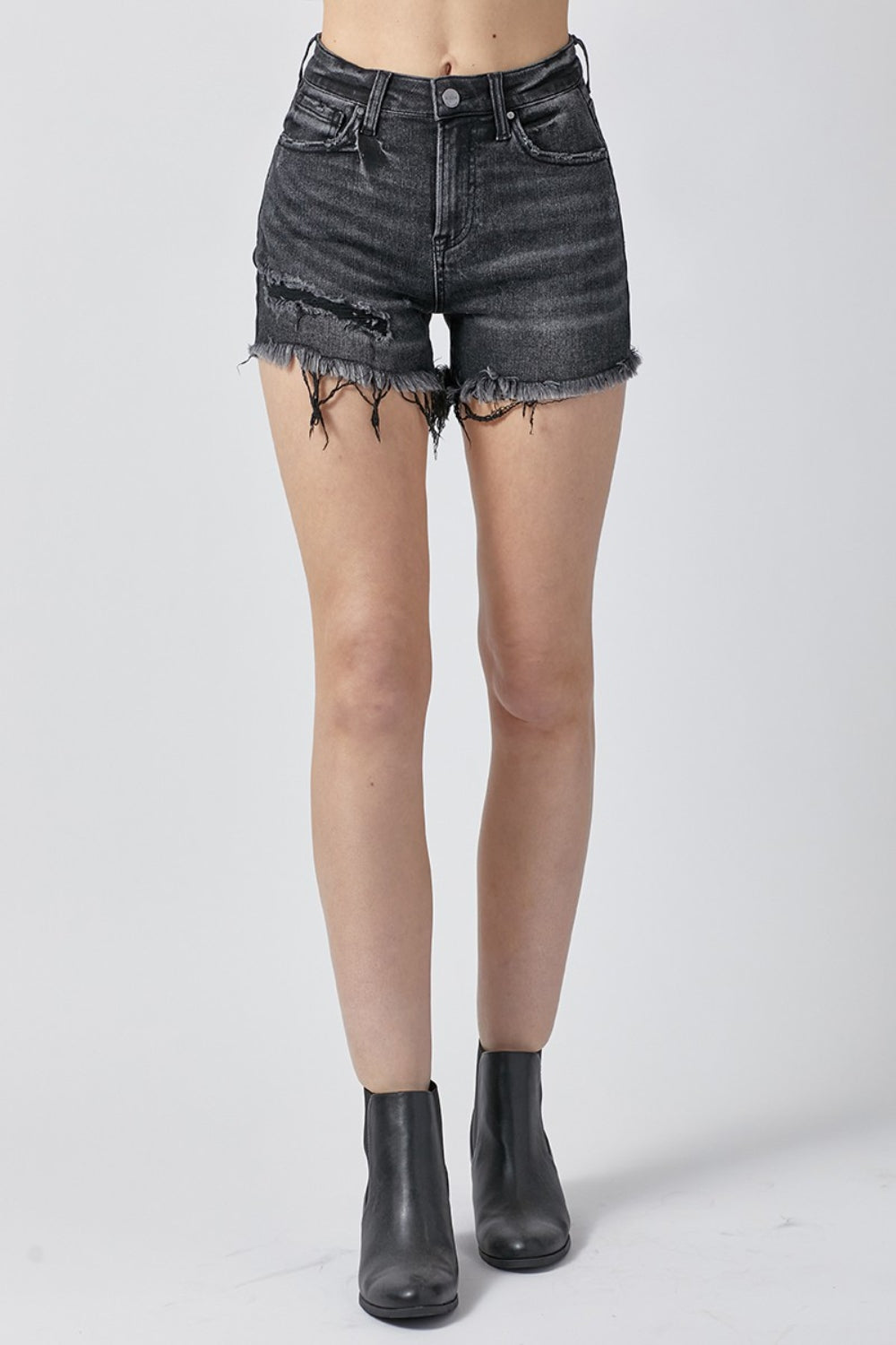 Sapphire Bloom Raw Hem Denim Shorts with Pockets