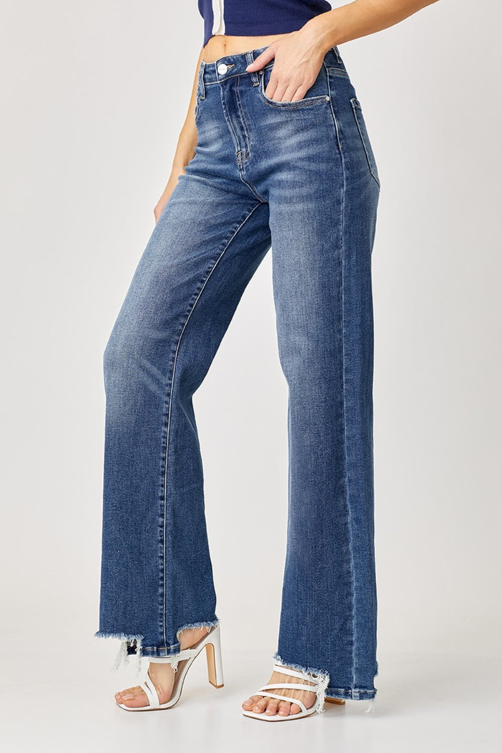 Sansplay Full Size High Rise Frayed Hem Wide Leg Jeans