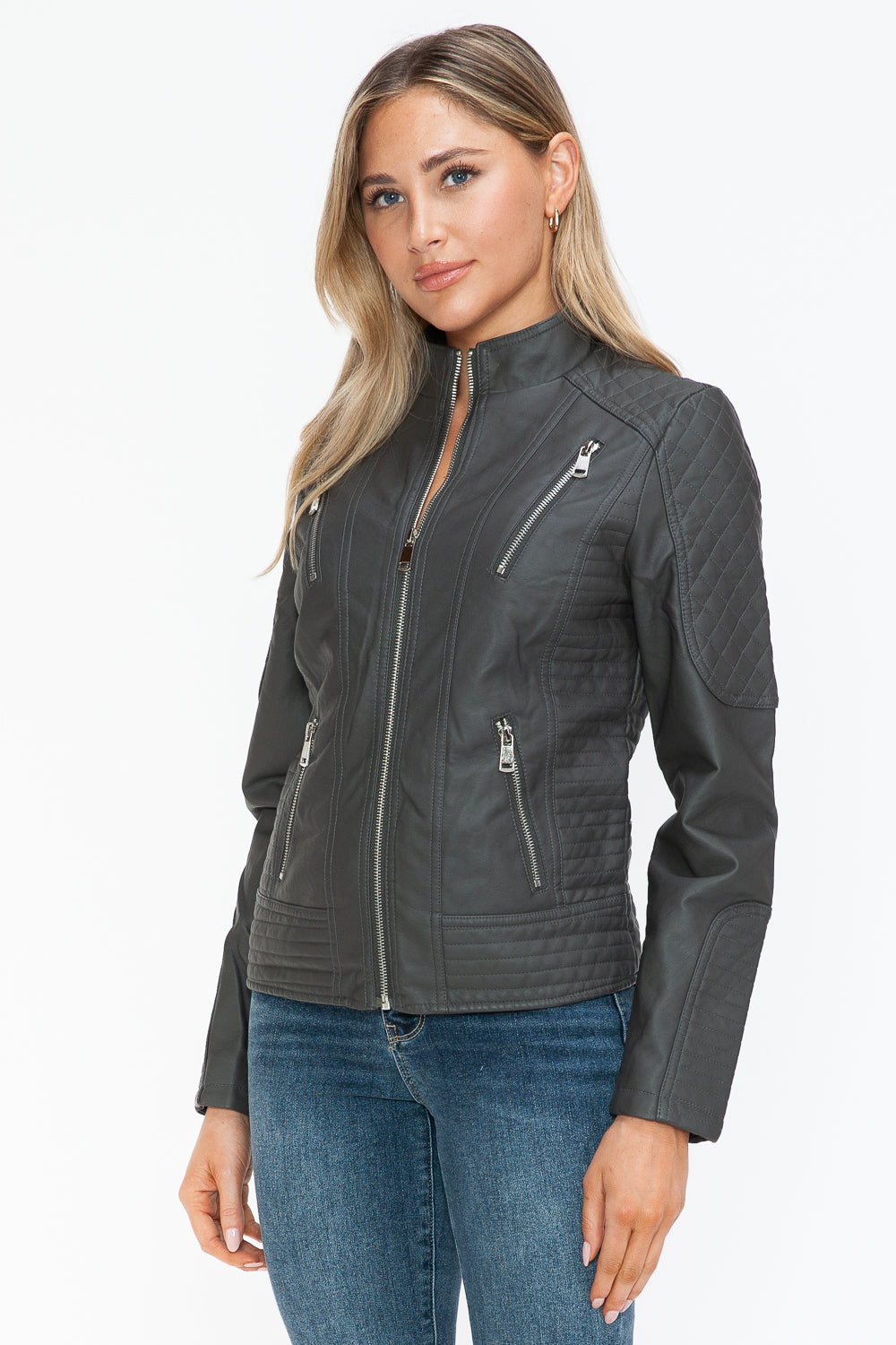 Leather Zip Up Mock Neck Jacket