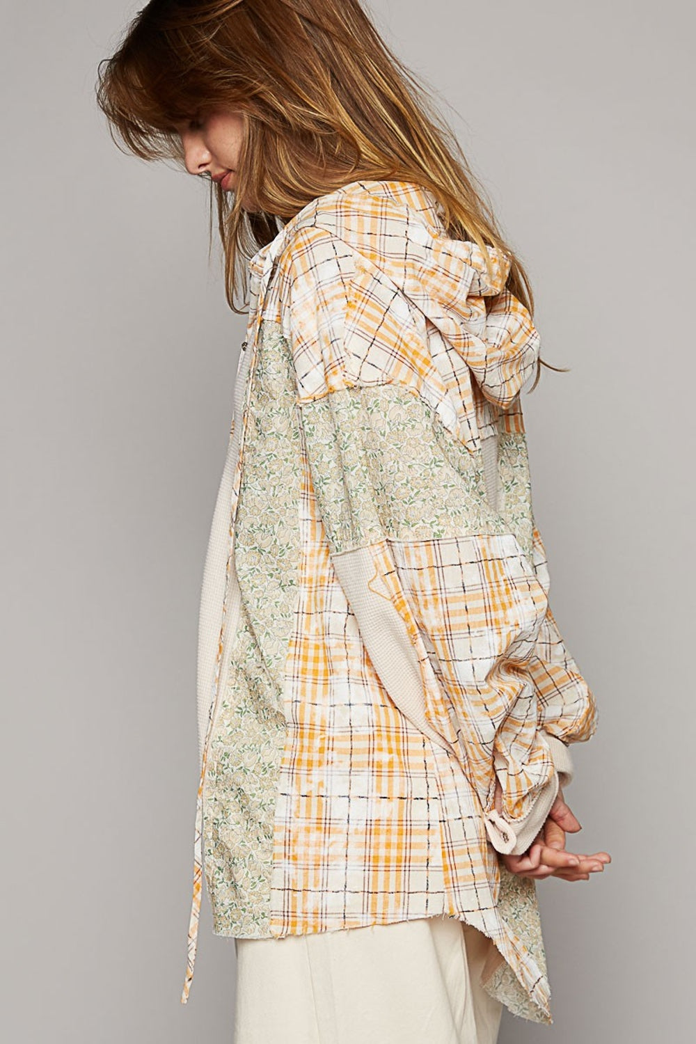 Solace Long Sleeve Knit Mixed Hoodie Plaid Shirt