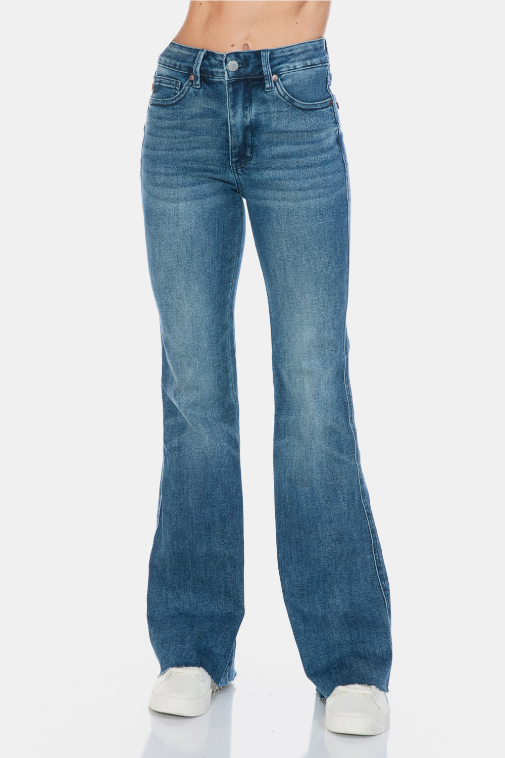 Sans Full Size Tummy Control Cut Hem Flare Jeans