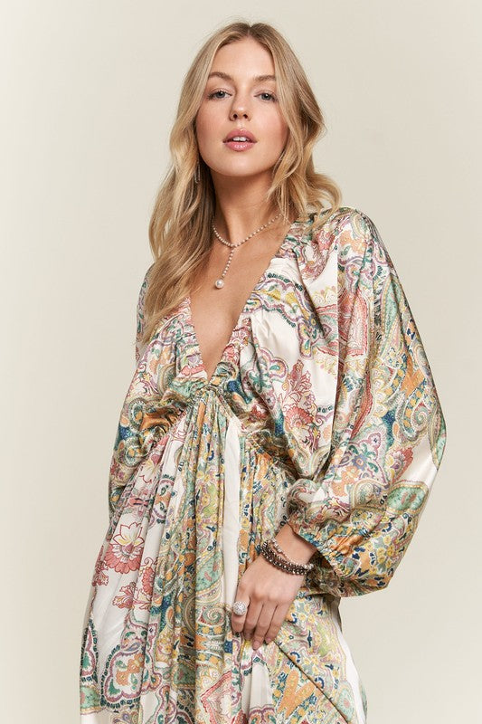 Heart's Desire Printed V-Neck Batwing Sleeve Dress