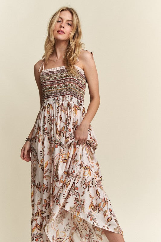 Heart's Desire Smocked Printed Square Neck Tie Shoulder Cami Dress