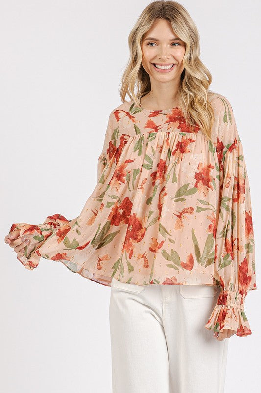 Twirl & Twirl Floral Round Neck Flounce Sleeve Blouse