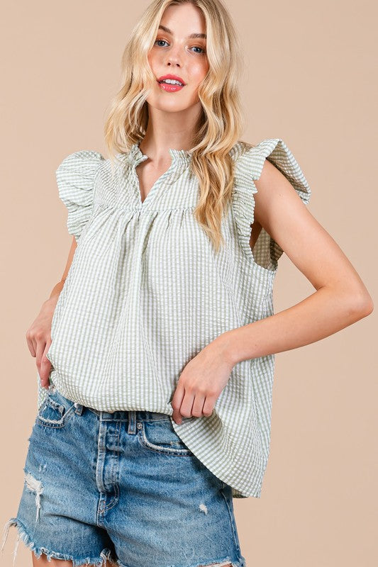 Serendipity Plaid Notched Ruffled Cap Sleeve Blouse