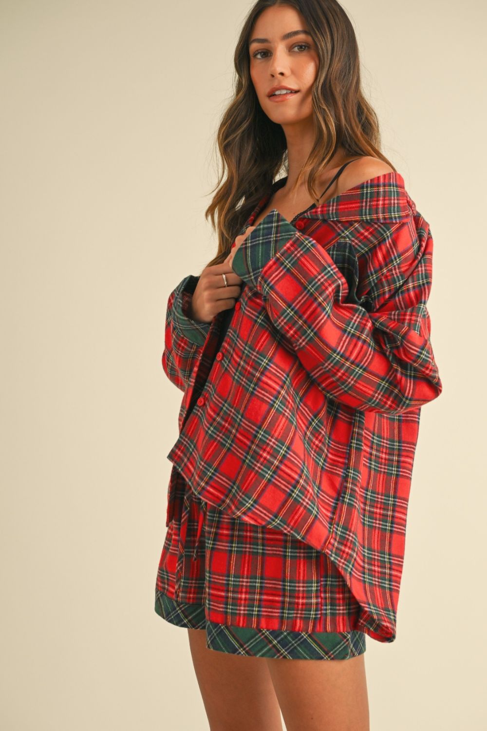 Sansplay Luxe Two-Piece Contrast Plaid Long Sleeve Top and Shorts Set