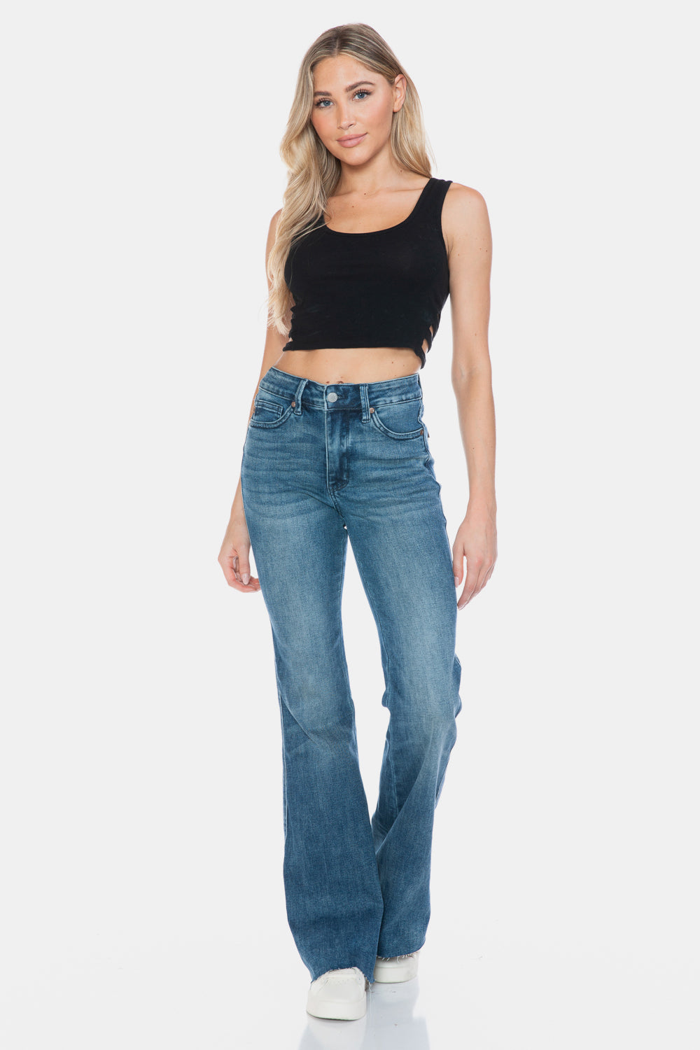 Sans Full Size Tummy Control Cut Hem Flare Jeans