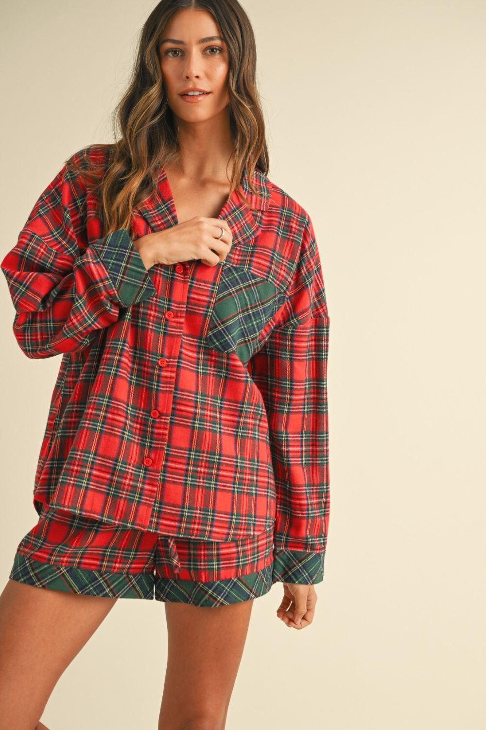 Sansplay Luxe Two-Piece Contrast Plaid Long Sleeve Top and Shorts Set