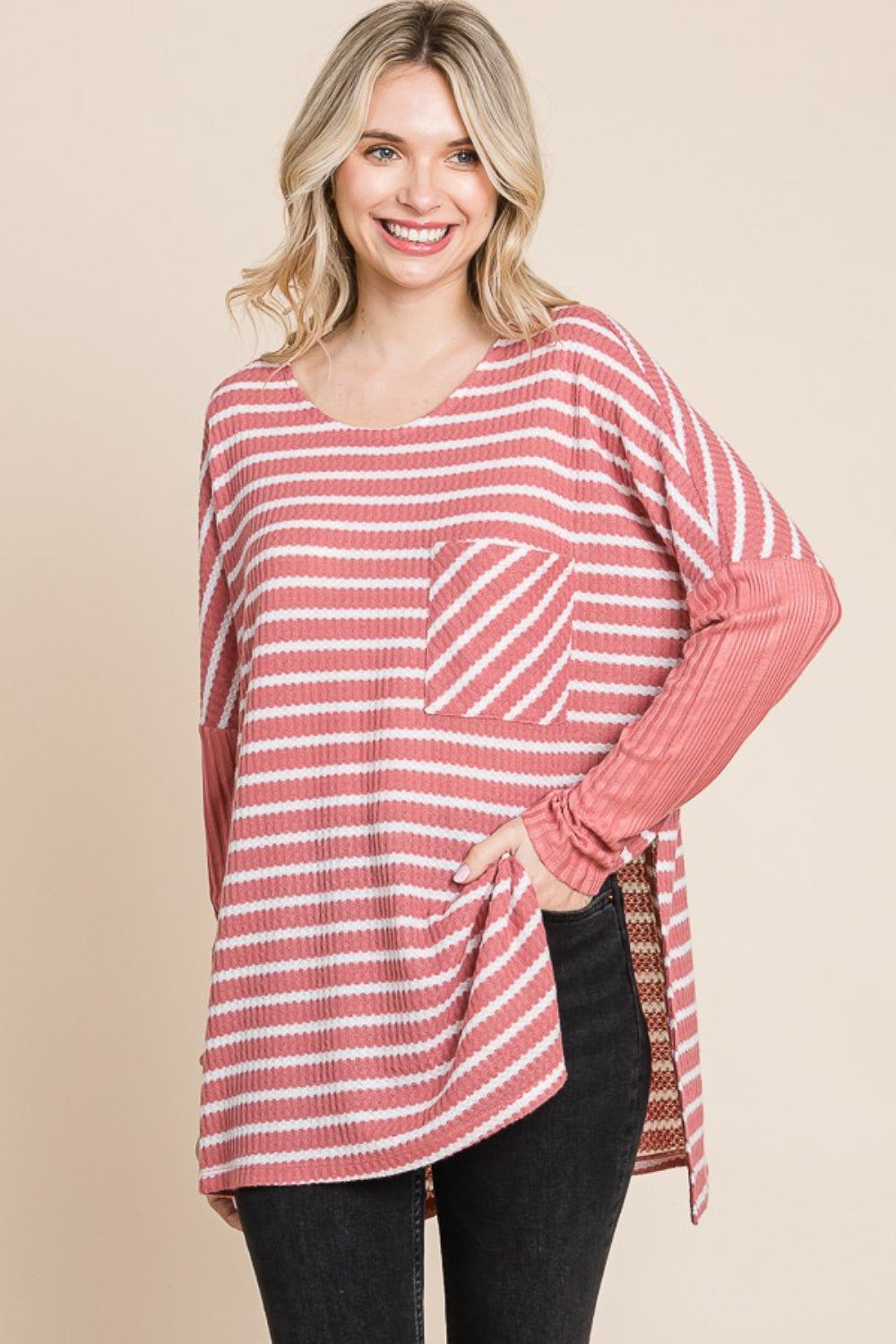 Sans Oversize Striped Round Neck Long Sleeve Slit T-Shirt