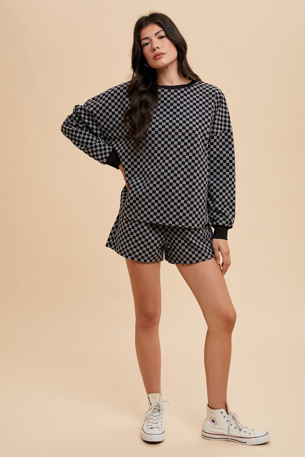 Sansplay Luxe Two-Piece Checkered Round Neck Top and Drawstring Shorts Set
