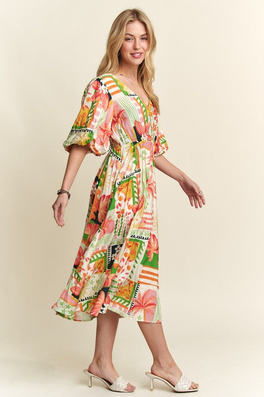 Enchanted Eve Floral V-Neck Puff Sleeve Midi Dress
