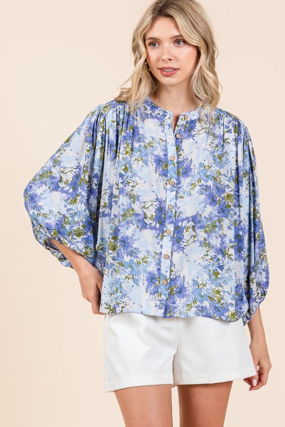 Twilight Glow Flower Print Batwing Sleeve Button Down Blouse