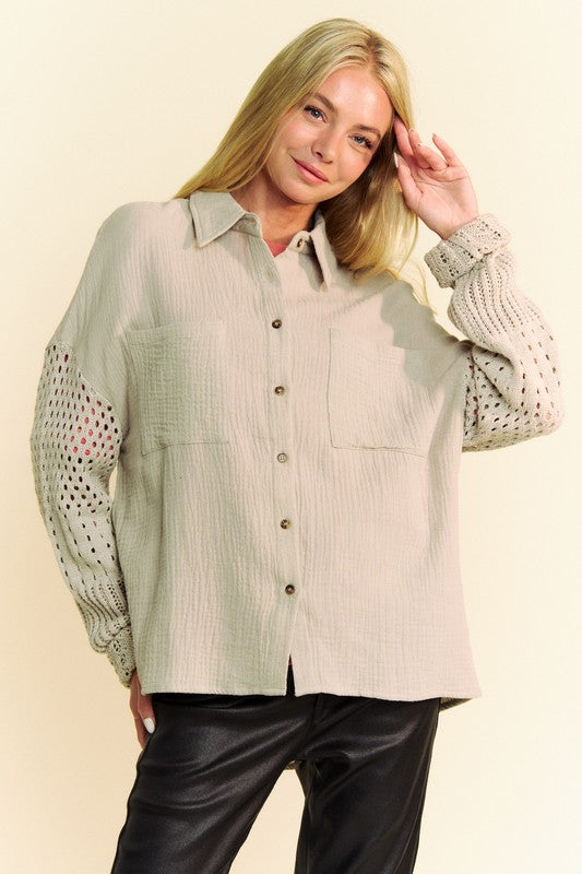 The Must-Have Crochet Sleeve Crinkled Texture Shirt