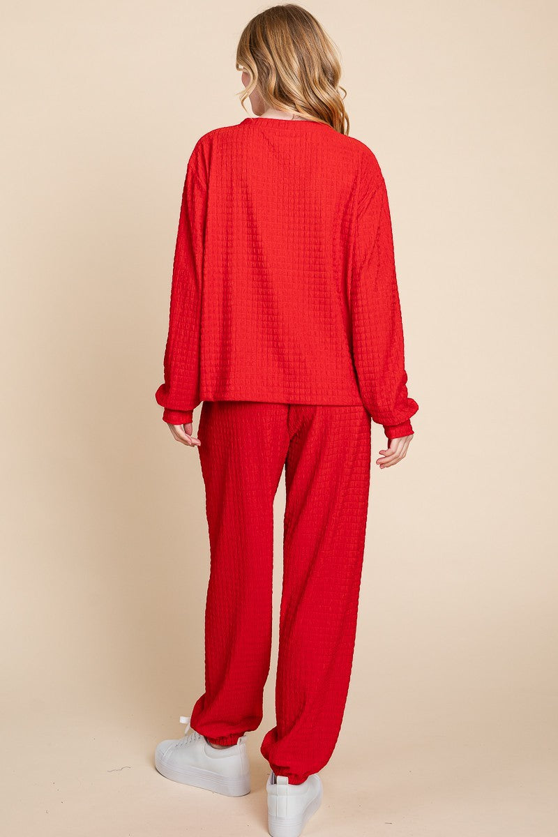 Sansplay Luxe Two-Piece Crinkle Check Round Neck Top and Pants Lounge Set