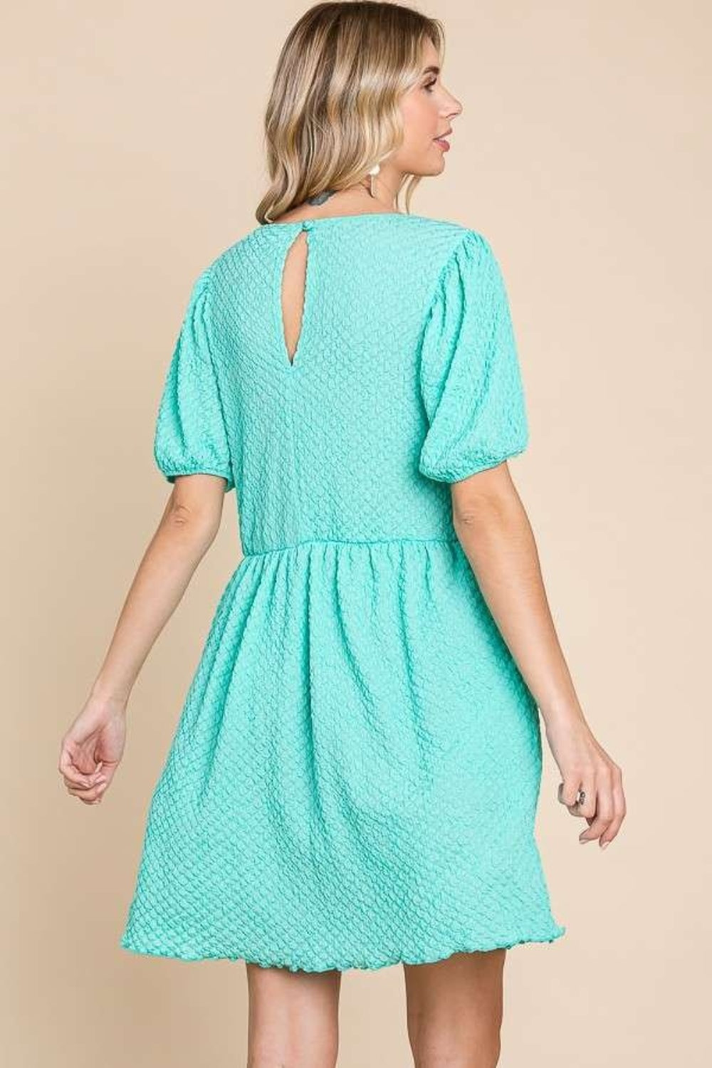SKY BLUE Textured Round Neck Puff Sleeve Dress