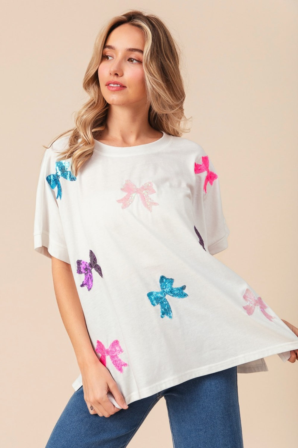 Tattered Triumph Sequin Bow Patch Short Sleeve T-Shirt