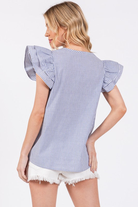 Twirl & Twirl Striped V-Neck Ruffled Cap Sleeve Blouse