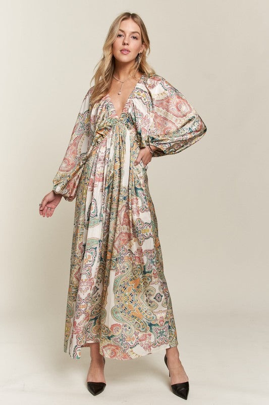 Heart's Desire Printed V-Neck Batwing Sleeve Dress