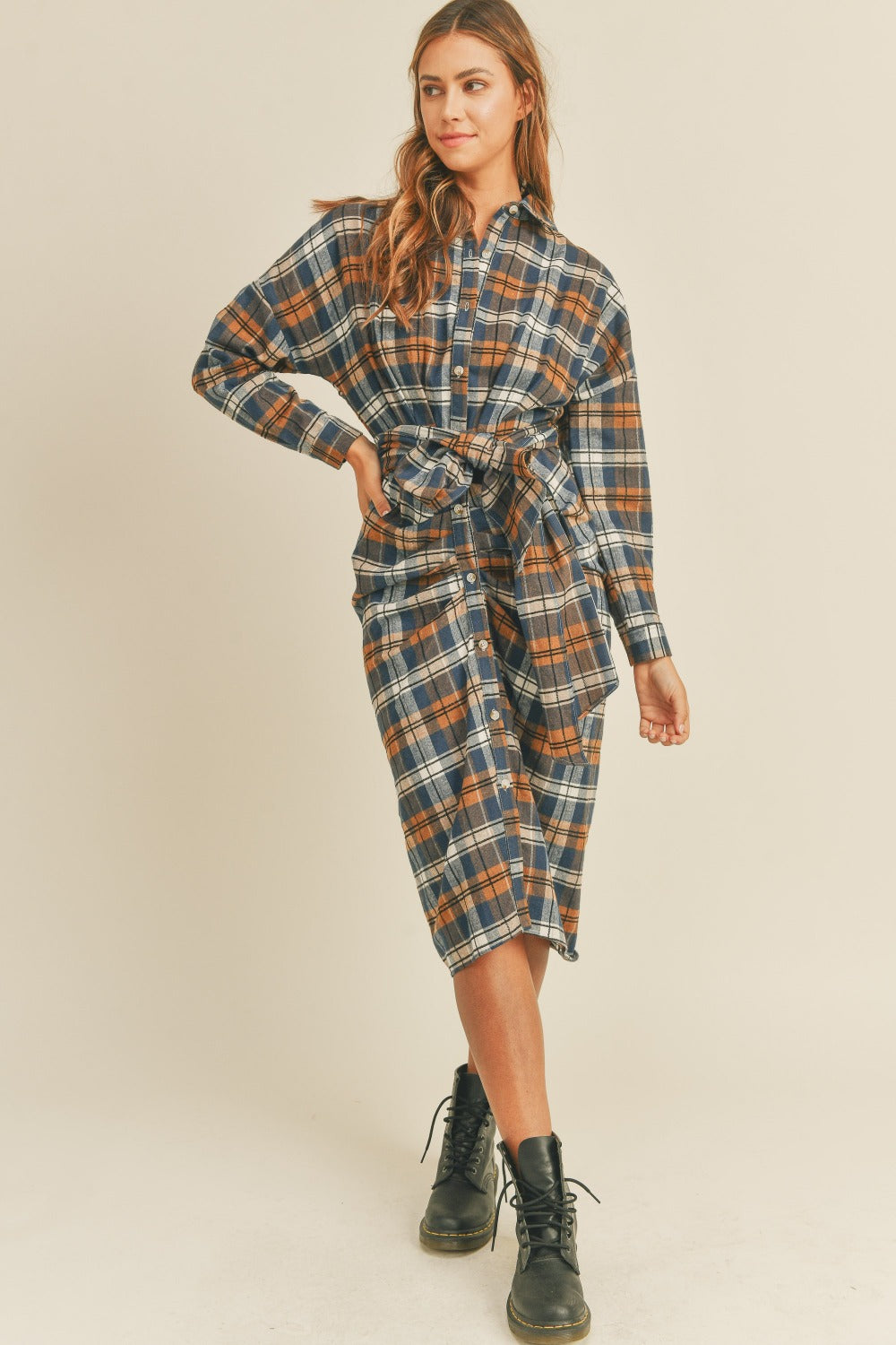 Sans Plaid Flannel Front Tie Button Down Shirt Dress