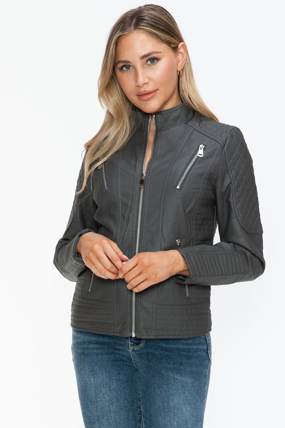 Leather Zip Up Mock Neck Jacket