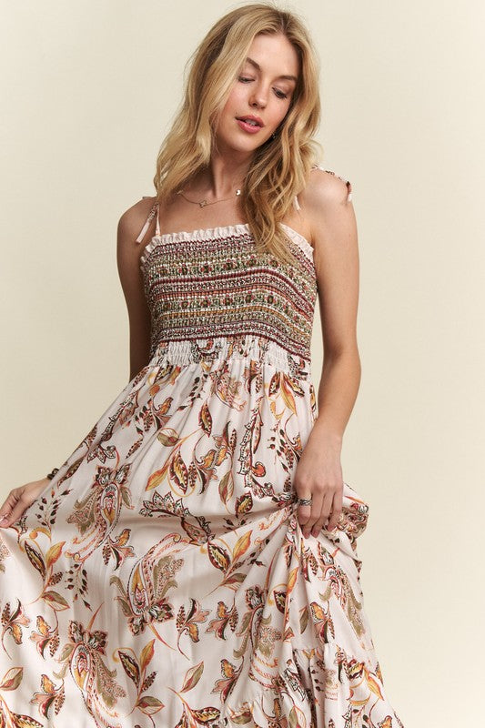 Heart's Desire Smocked Printed Square Neck Tie Shoulder Cami Dress