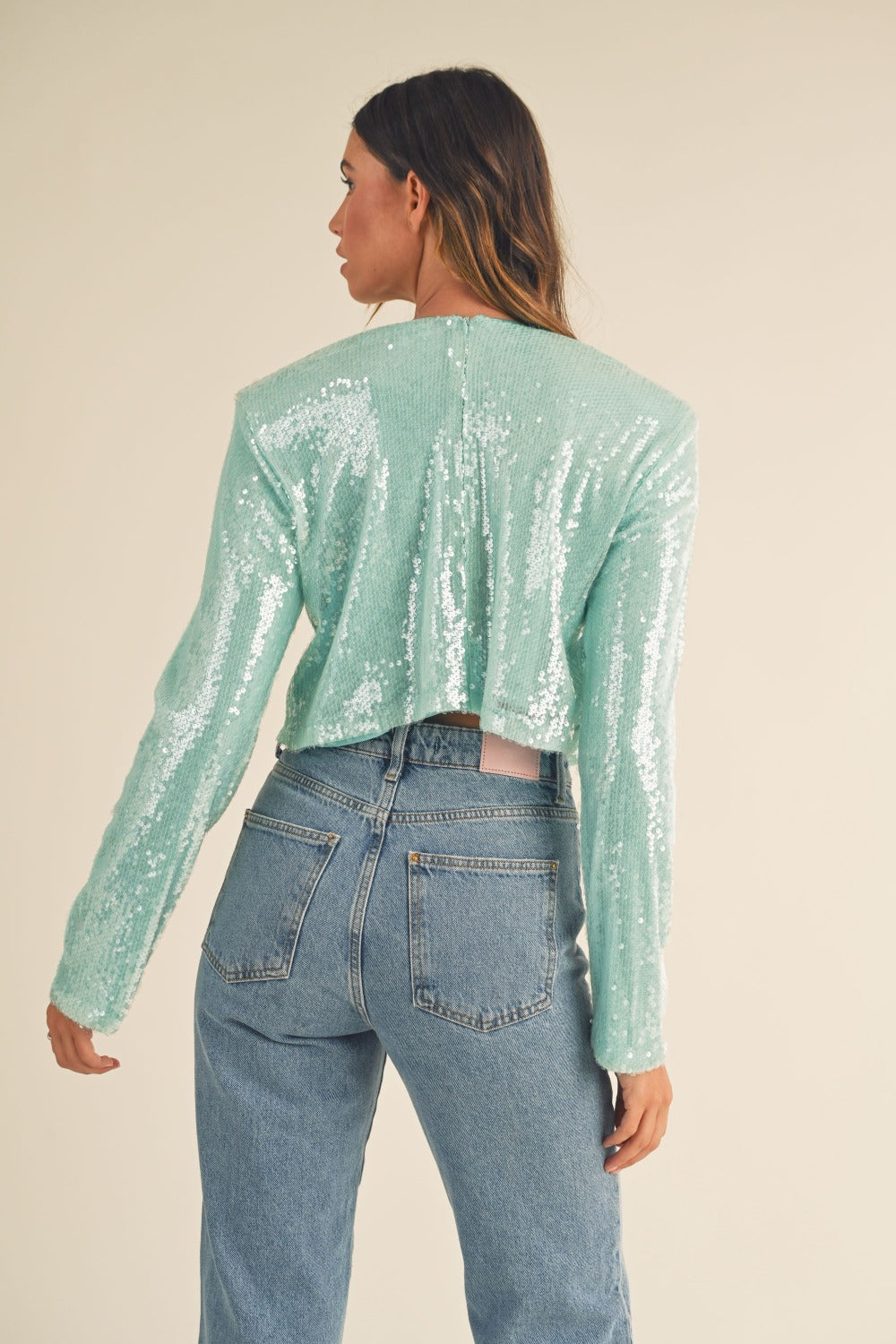 The Midnight Bloom Shoulder Padded Sequin Crop Top