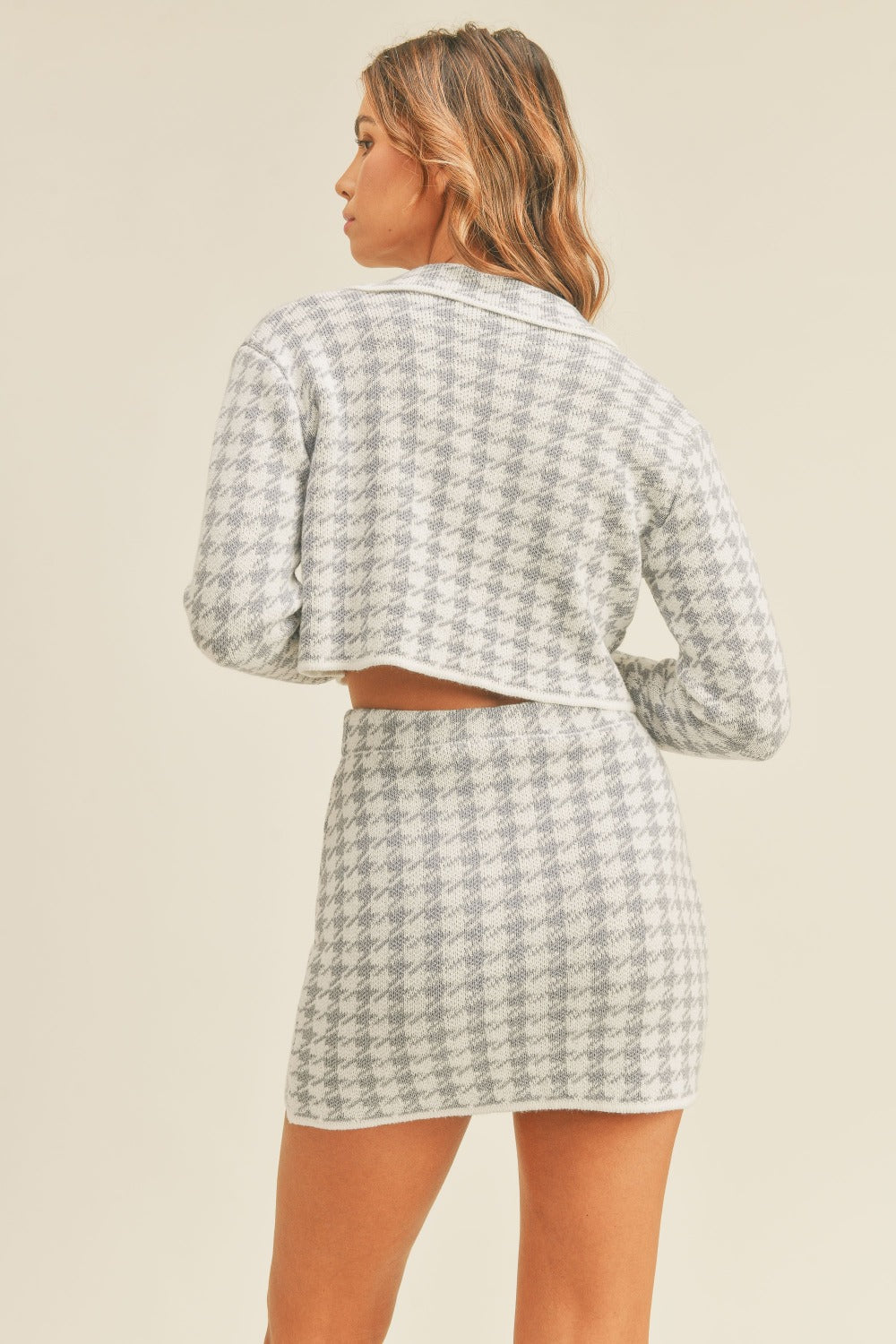 Hand Crafted Houndstooth Cropped Knit Cardigan and Mini Skirt Set